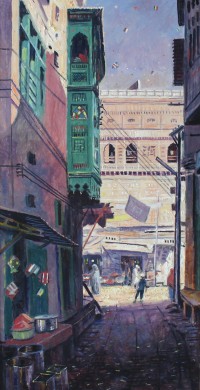 Ghulam Mustafa, Green Balkoni in Dark Street, 24 x 48 Inch, Oil on Canvas, Cityscape Painting, AC-GLM-011